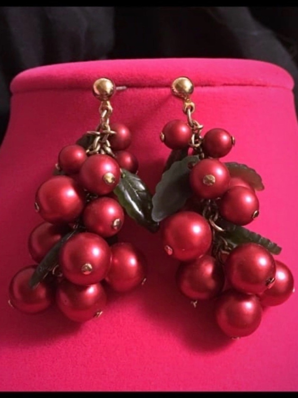 Vintage Red Holly Berry Cluster Earrings | Christmas Holiday Dangle Jewelry - Picture 2 of 2